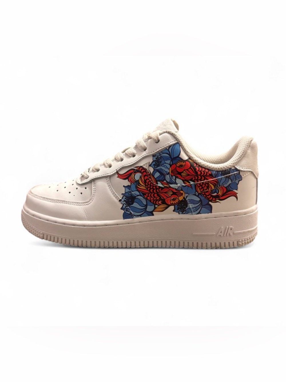 Nike Cream Leather Sneaker with Red & Blue Koi Design